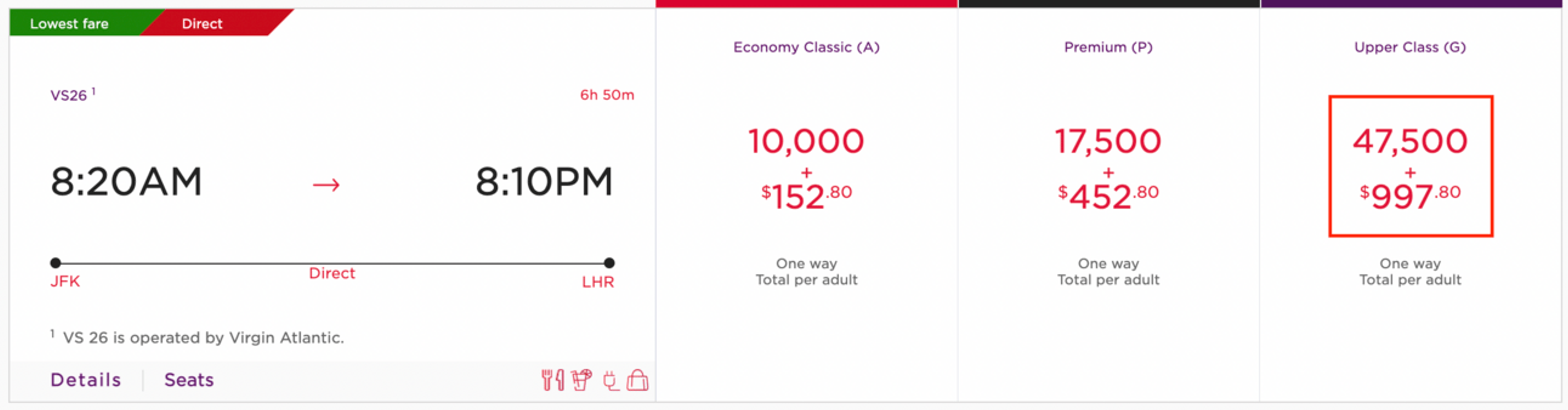 Sample Virgin Atlantic booking from NYC-London