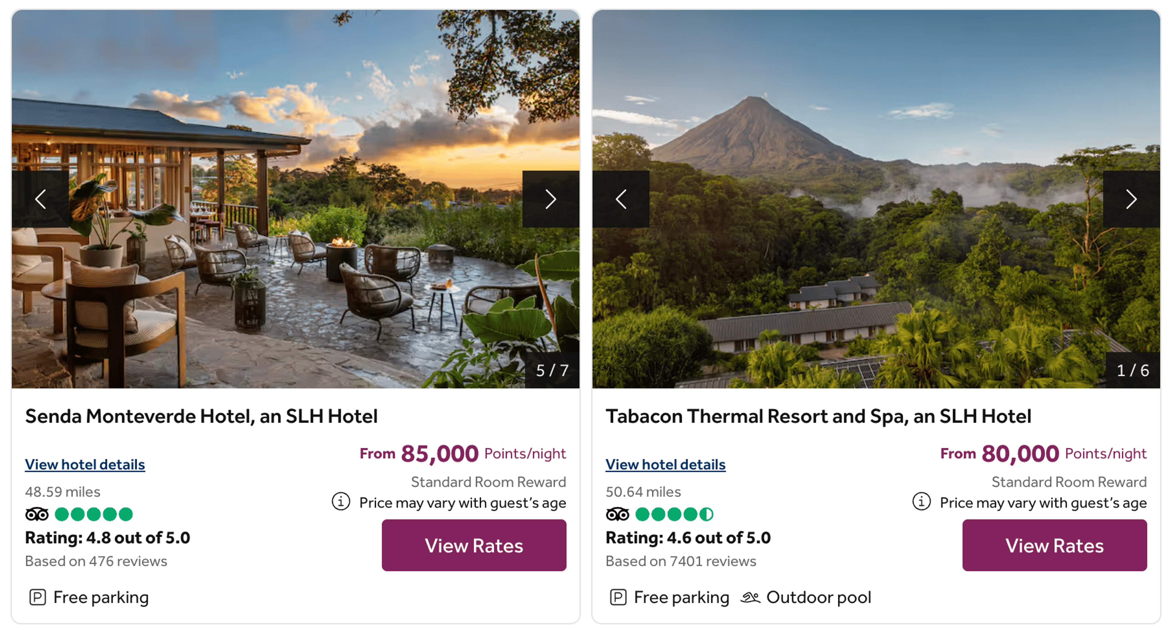 Examples of SLH hotels in Costa Rica for 80,000 points