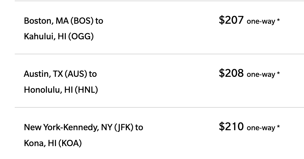 Examples of east coast flights to Hawaii for just over $200 one-way