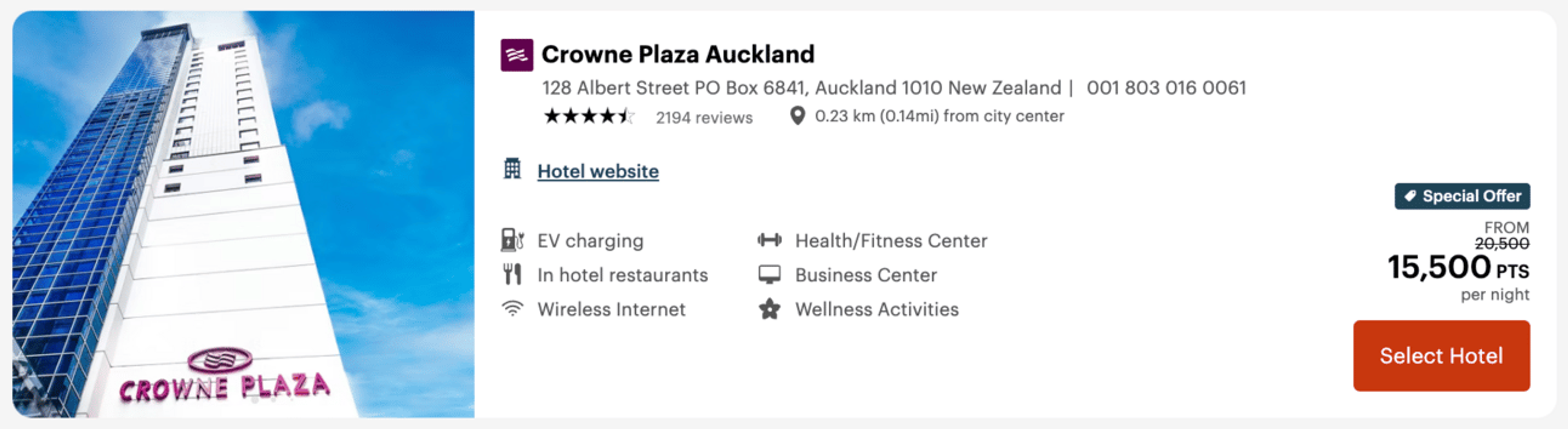 Crowne Plaza Auckland for 15,500 points per night