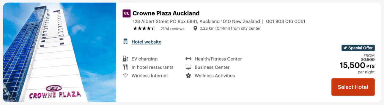 Crowne Plaza Auckland for 15,500 points per night