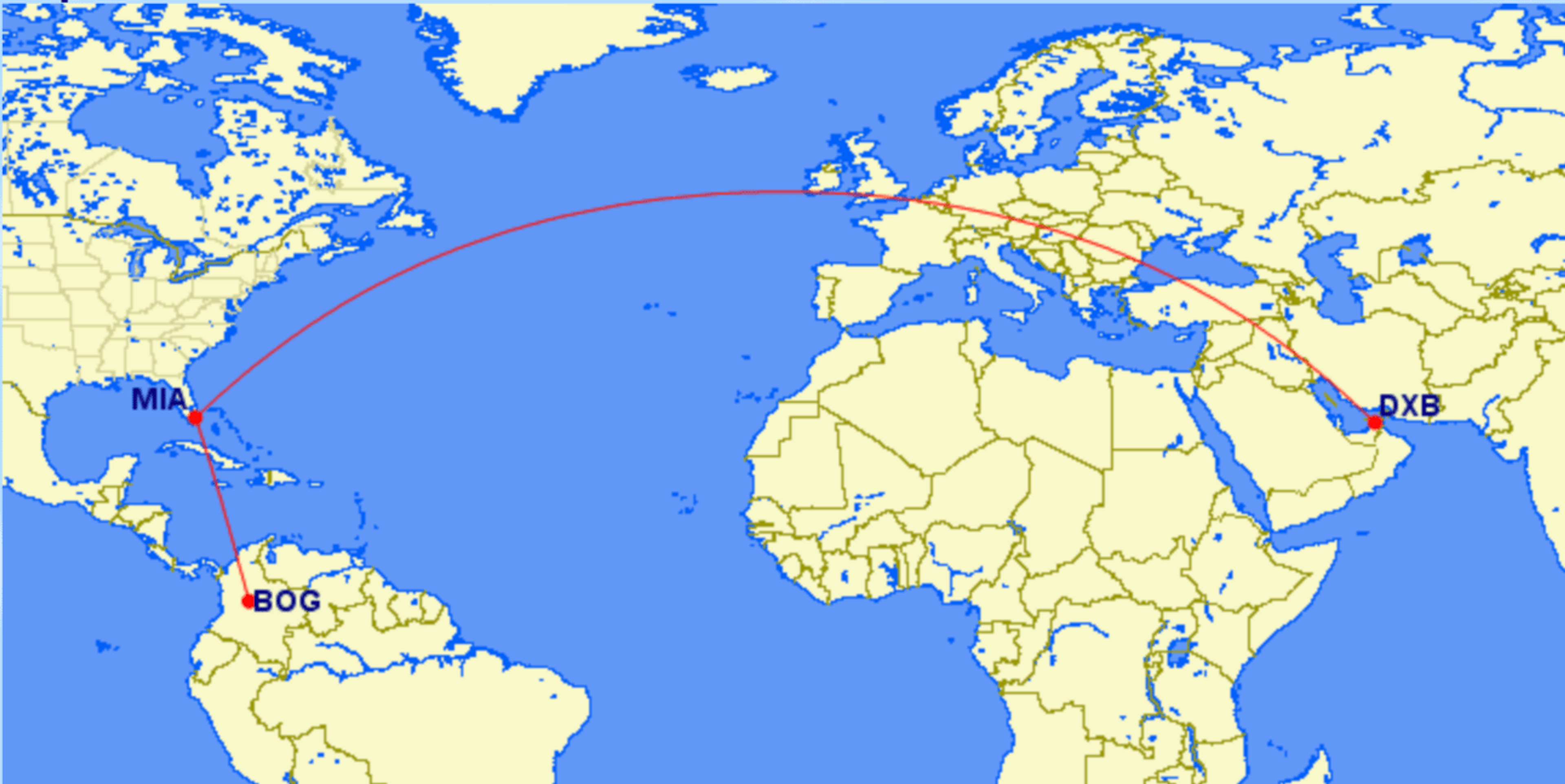 A map showing the overall route between Dubai and Bogota
