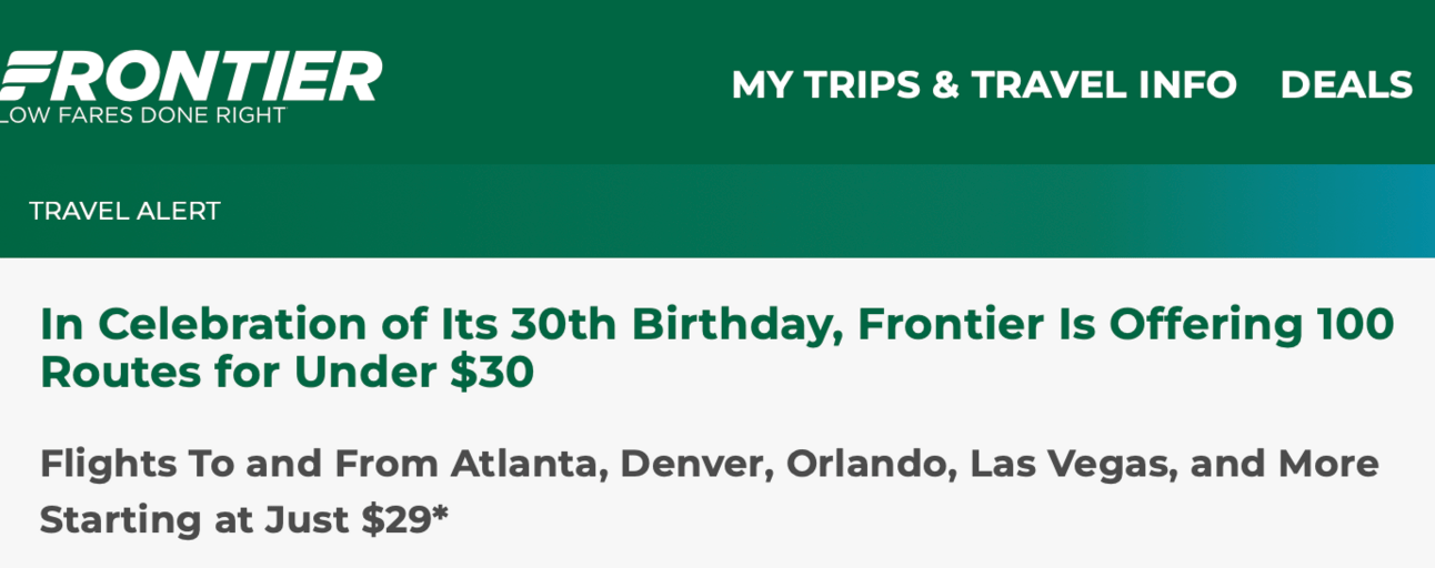 Screenshot of news release for Frontier's 30th birthday sale
