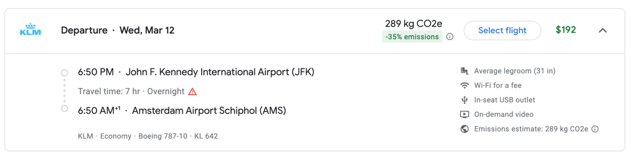 Example of a flight from New York to amsterdam for $192 on KLM