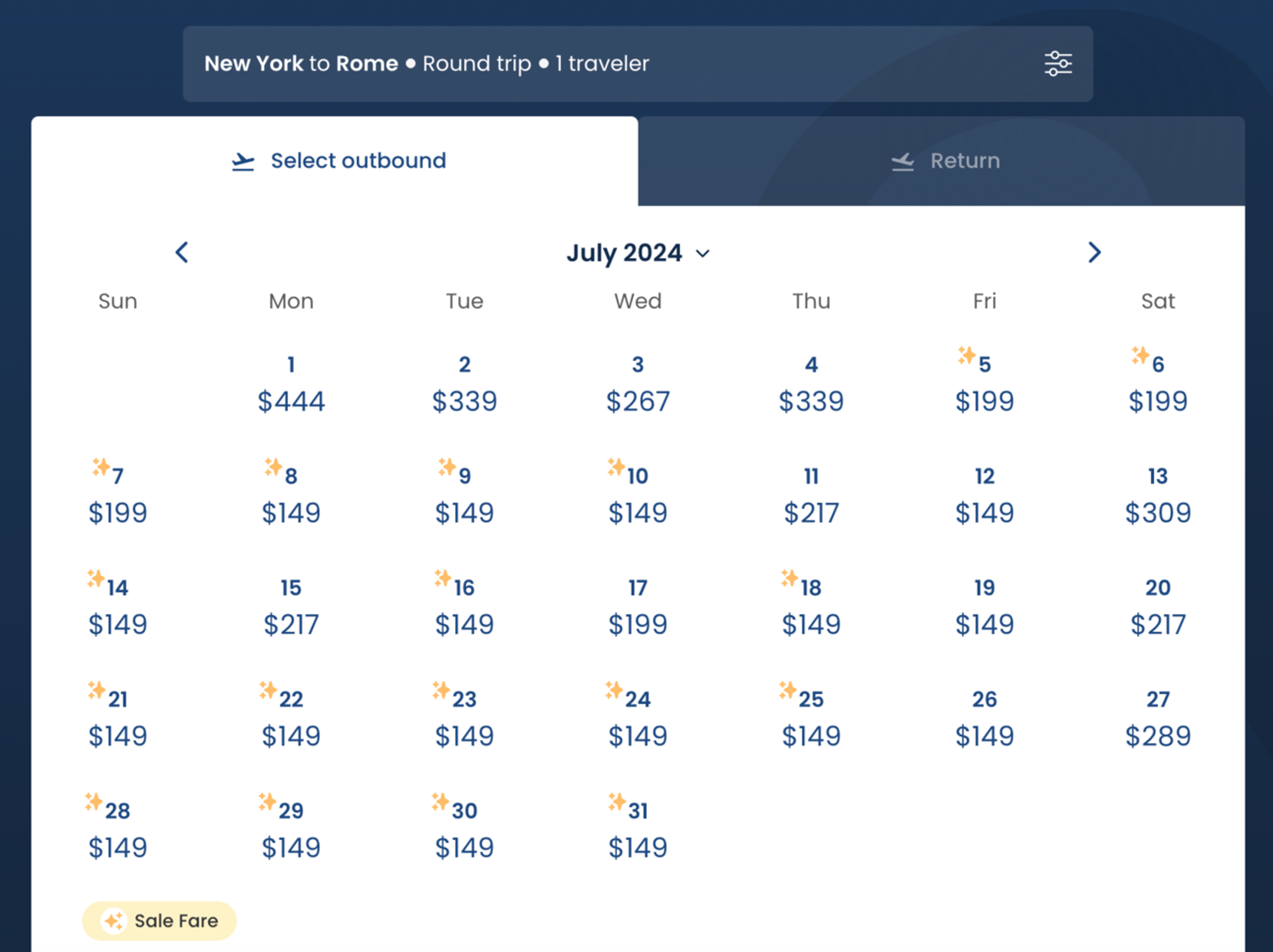Screenshot showing route availability from JFK to Rome