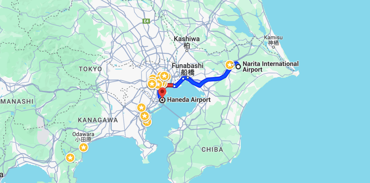 A map of Tokyo, showing the two major airport locations