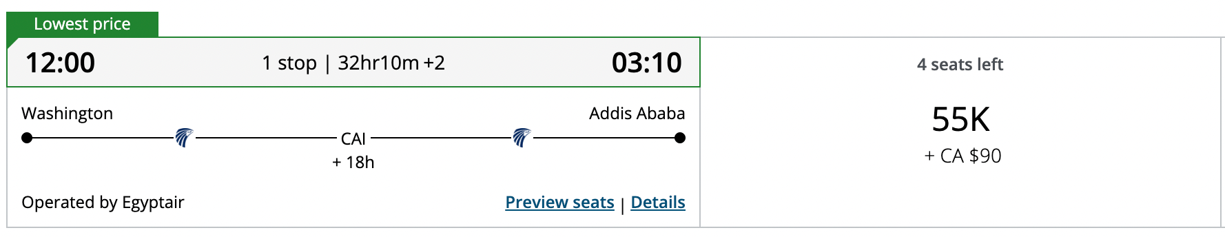 D.C. (IAD) to Addis Ababa (ADD) for 55k points on Egyptair via Aeroplan