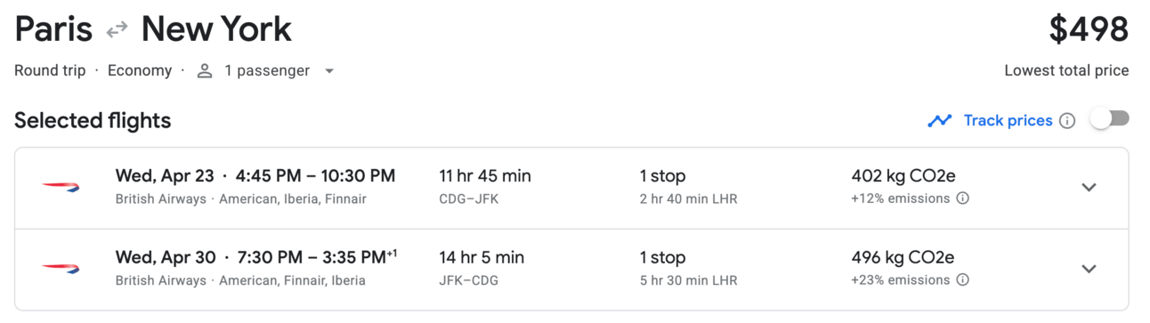 Paris to New York for $498 round trip