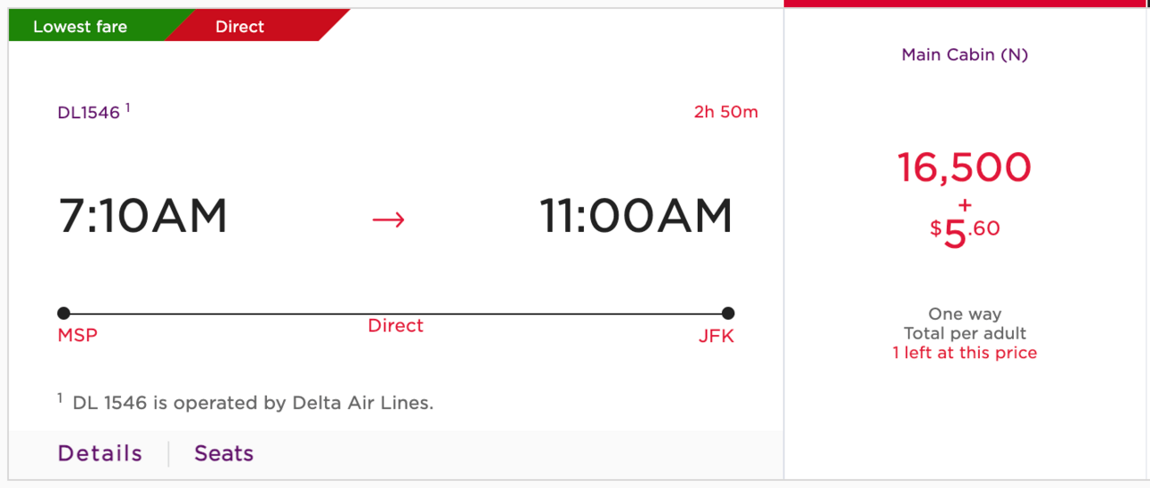 A screenshot of a sample Delta flight that you can book with 16,500 Virgin miles