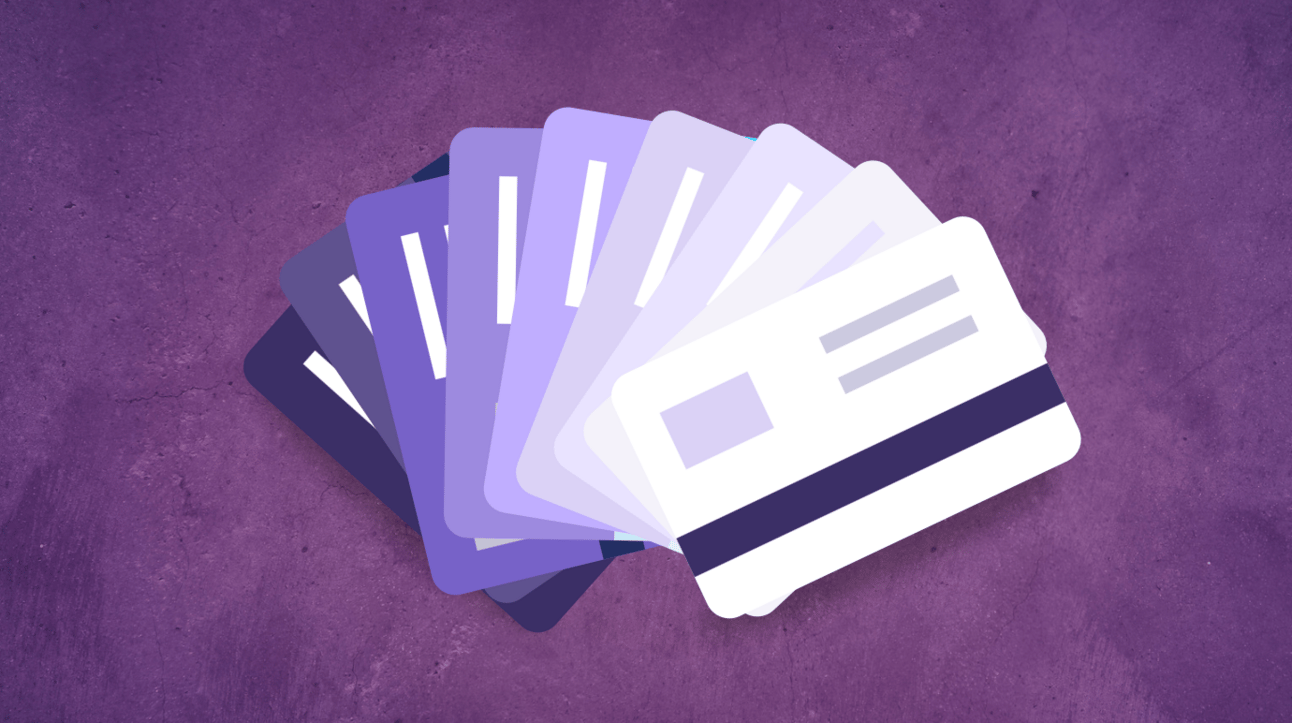 A display of card graphics with a purple background
