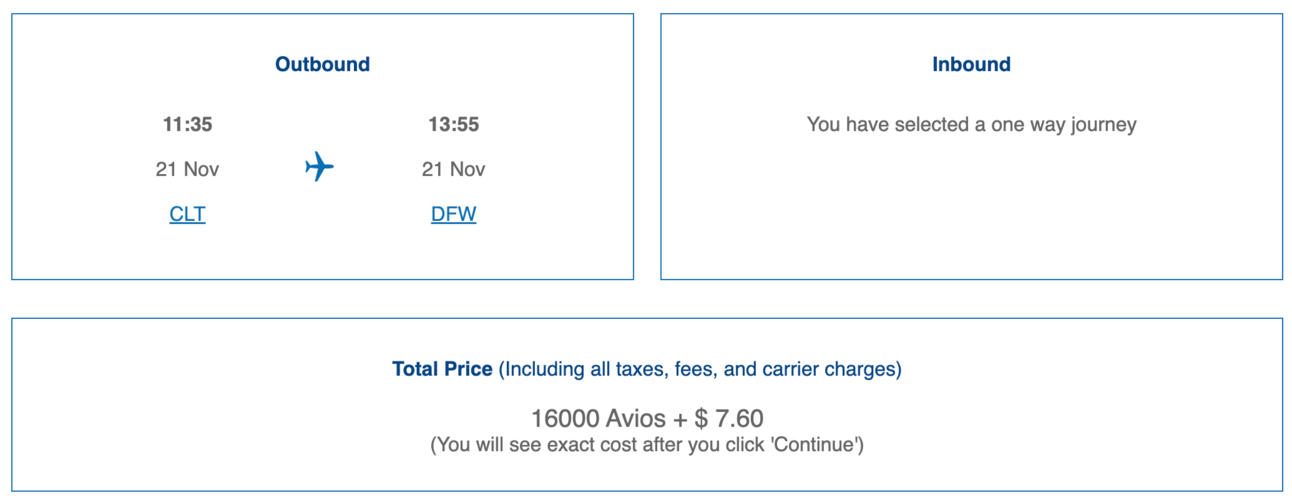 An example of a domestic AA flight bookable for 16,000 British Airways Avios