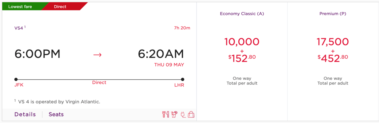 Sample Virgin Atlantic flight fom New York to London