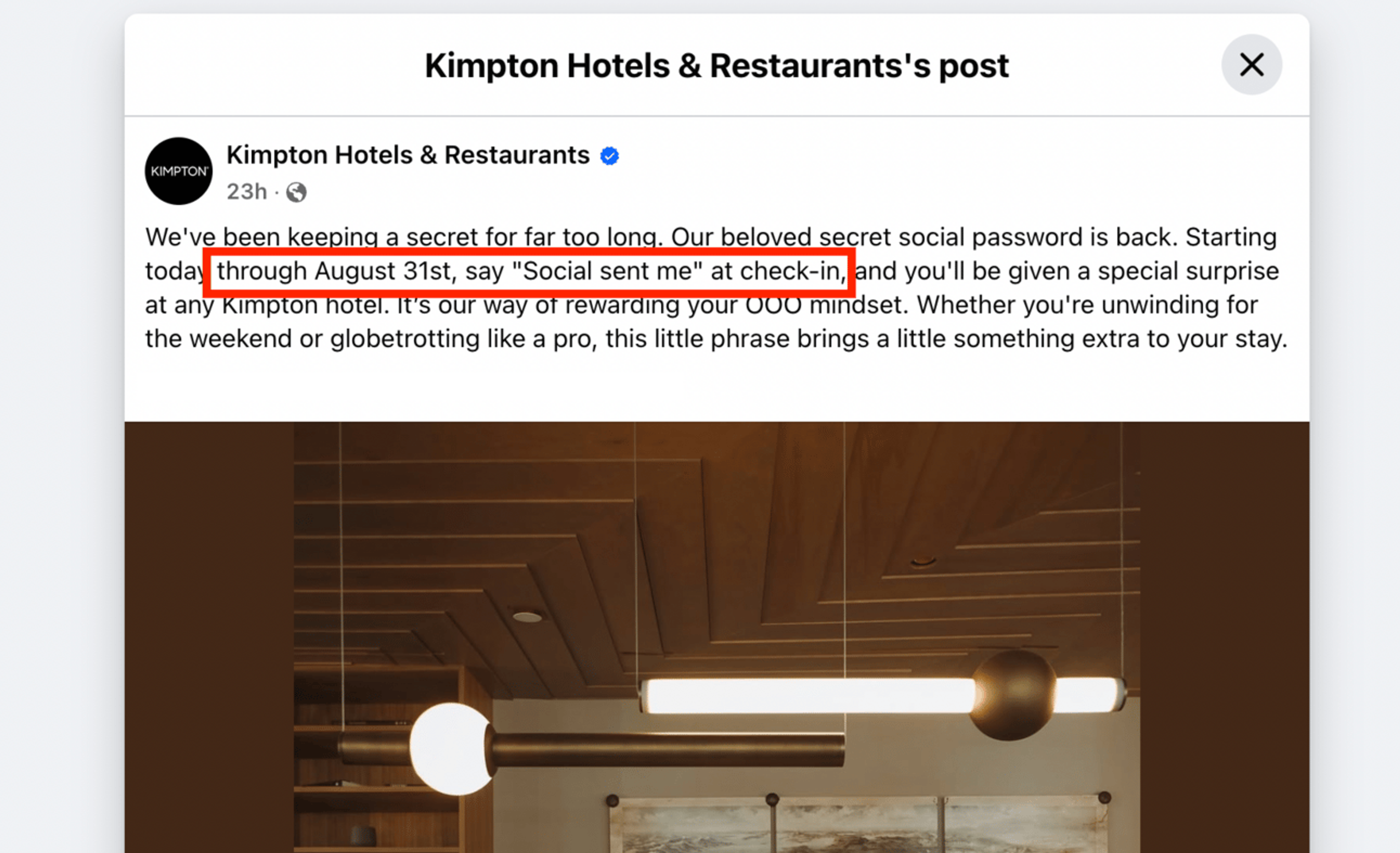 Kimpton Secret Password FB post