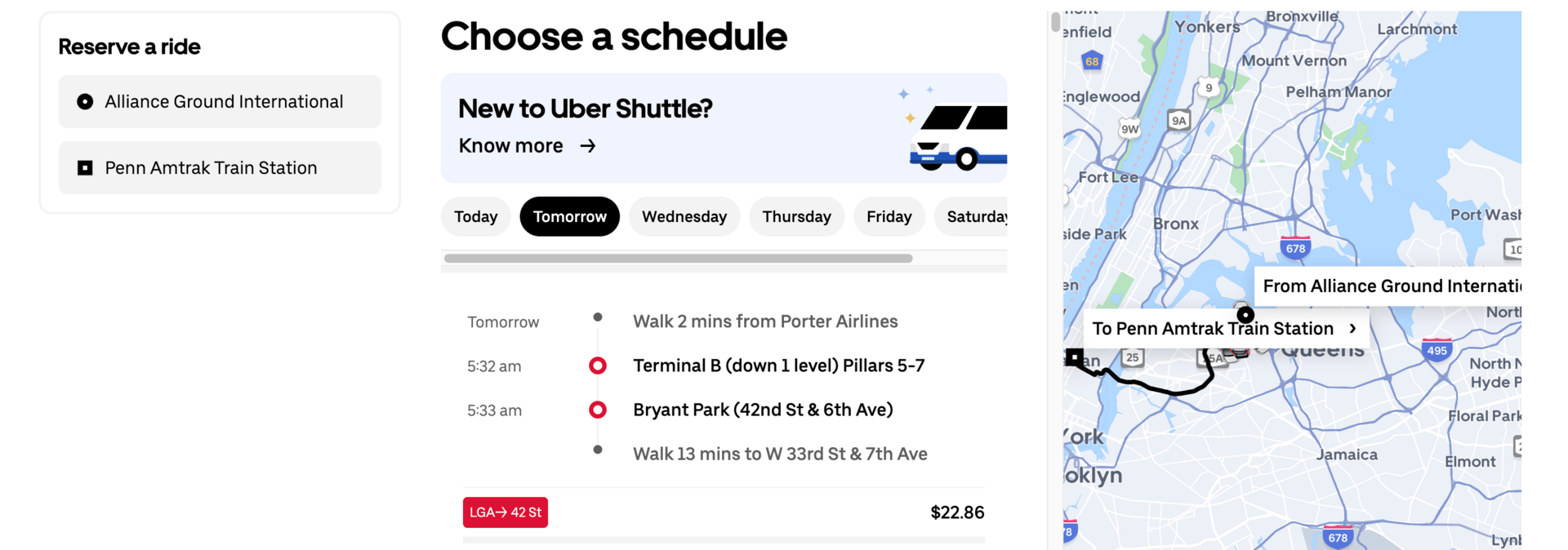 NYC Uber Shuttle example booking