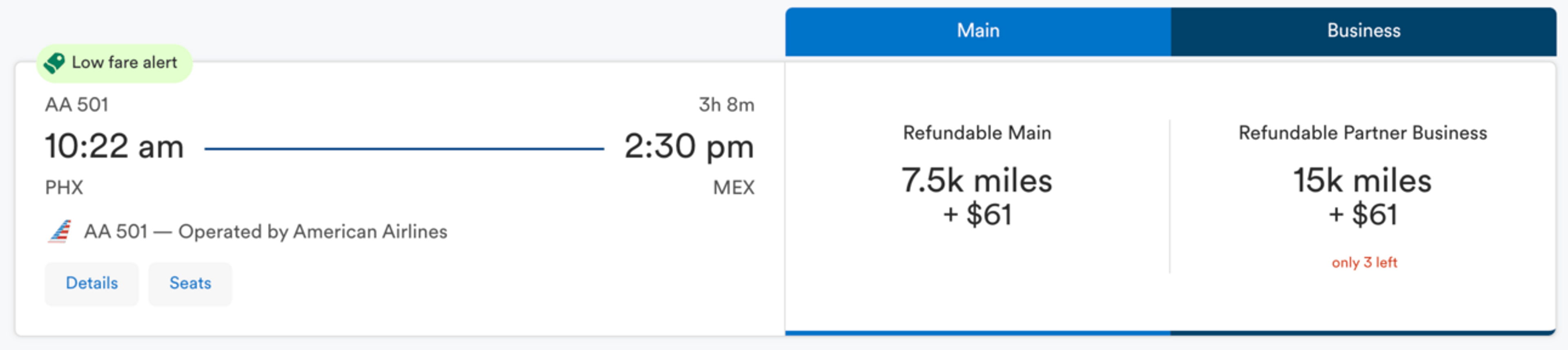 Example of a flight from Phoenix to Mexico City for 7,500 Alaska miles