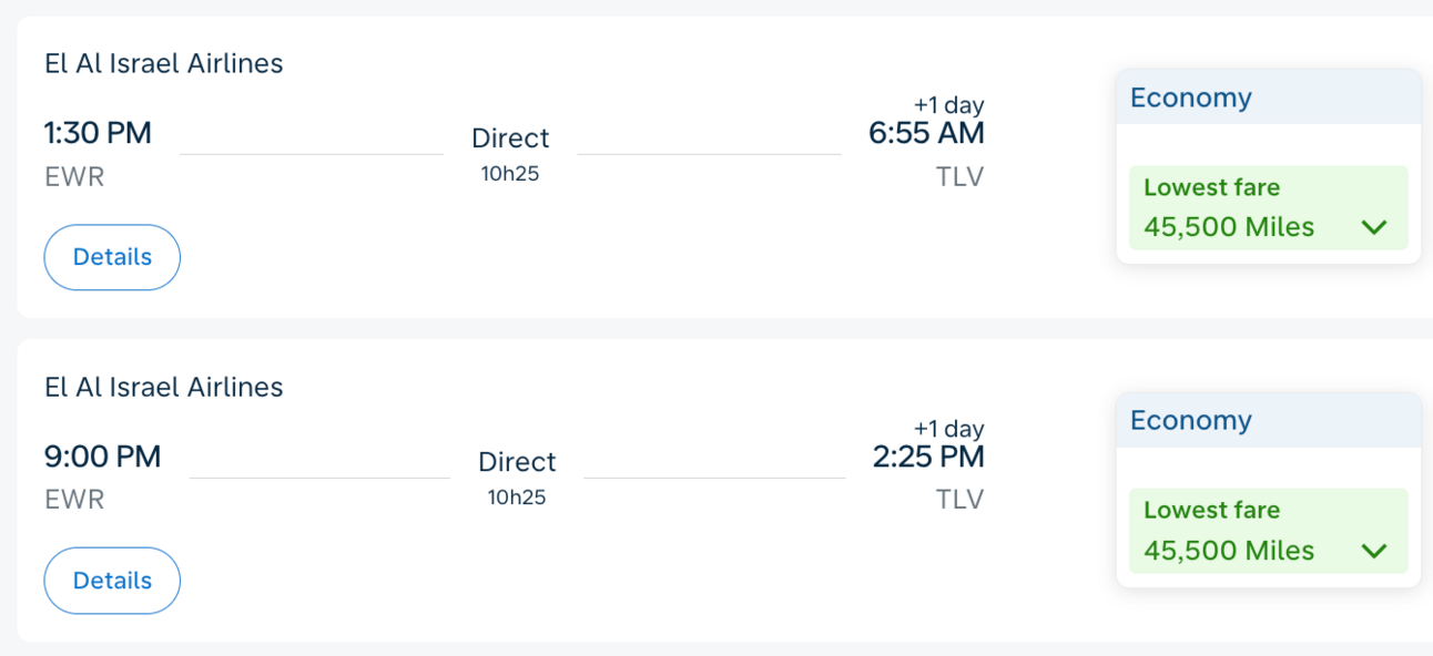 EWR-TLV on El Al for 45,500 miles