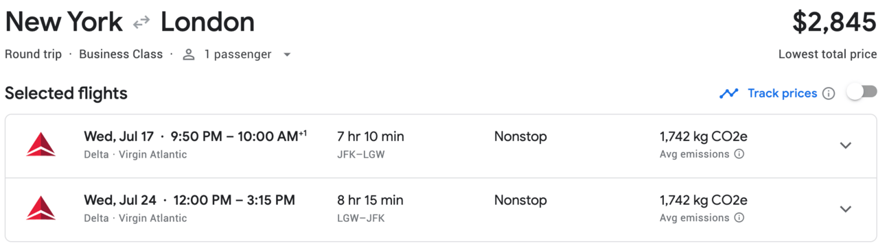 Sample round-trip business-class flight on Delta