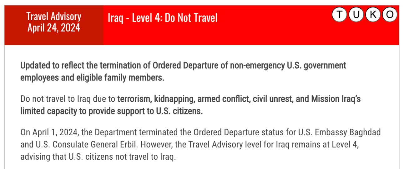US State Department's travel advisory for Iraq