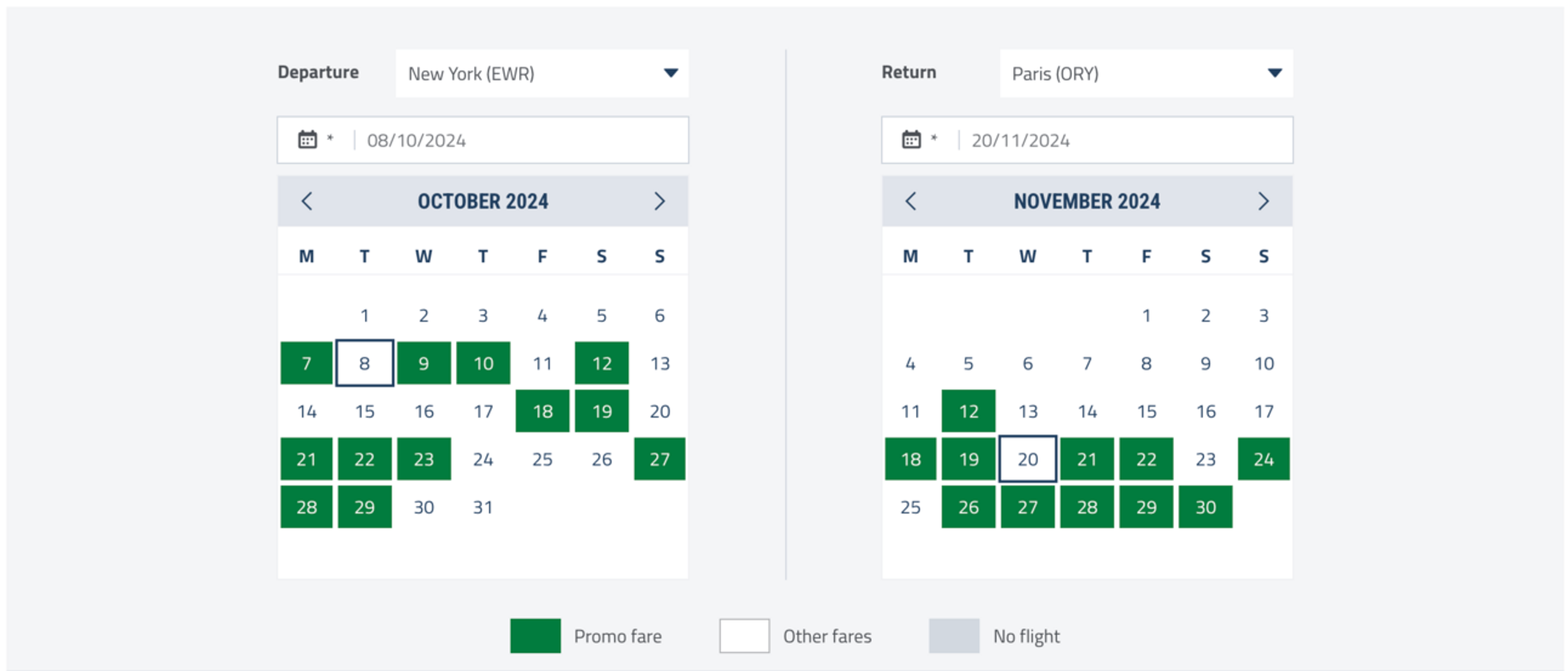 Search calendar showing wide availabiity for these flights