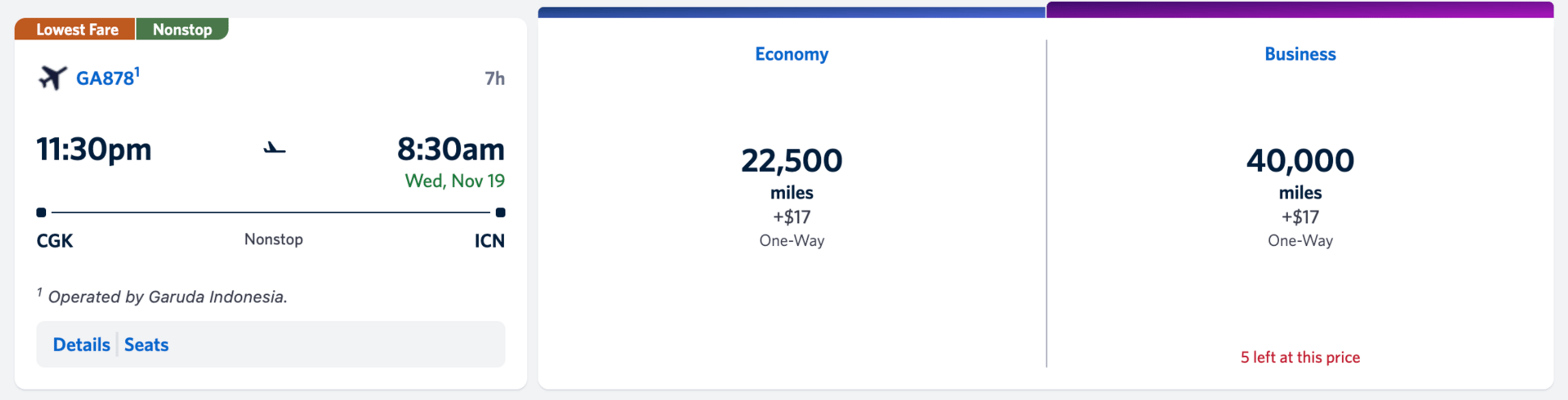 Jakarta to Seoul for 40,000 SkyMiles in business class