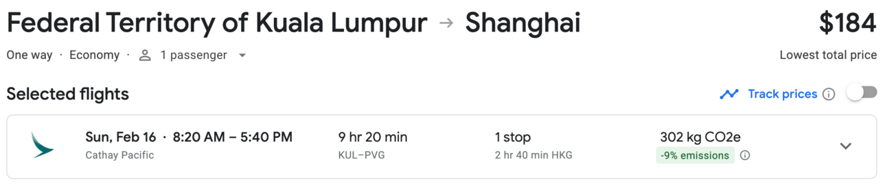 KUL-PVG for $184 on Cathay