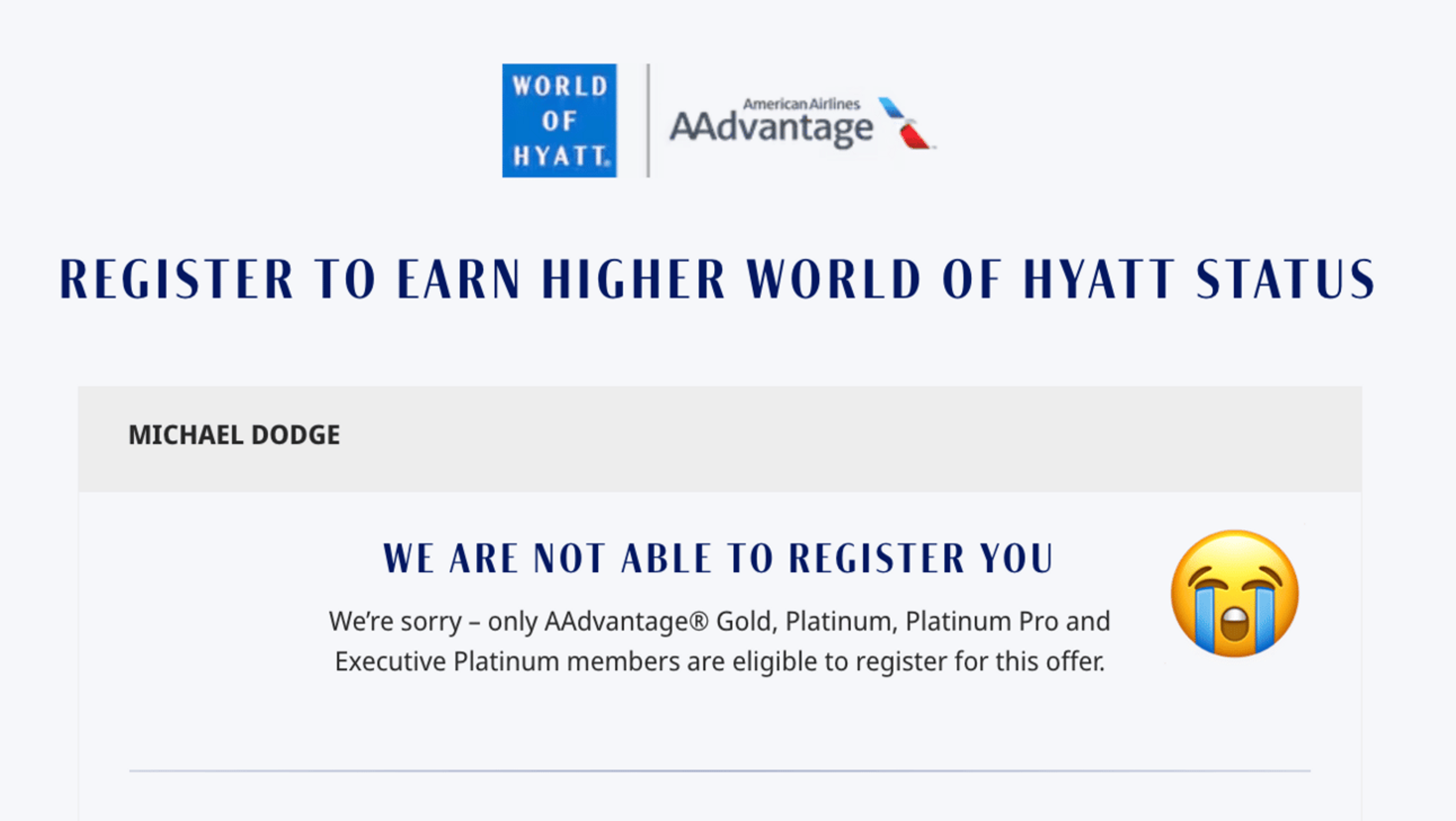 Rejection message fo the Hyatt fast-track offer