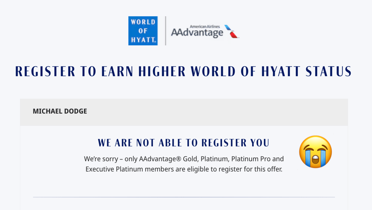 Rejection message fo the Hyatt fast-track offer