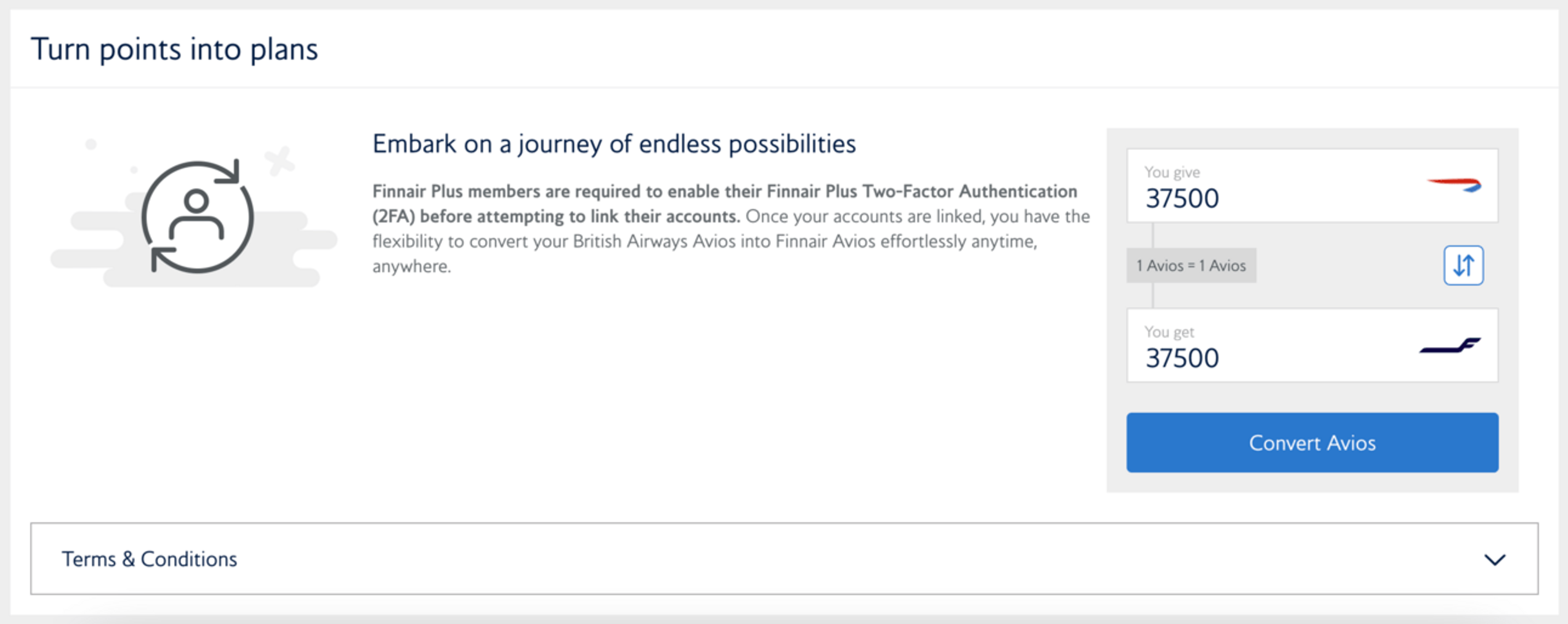 A screenshot of the transfer page for British Airways and Finnair