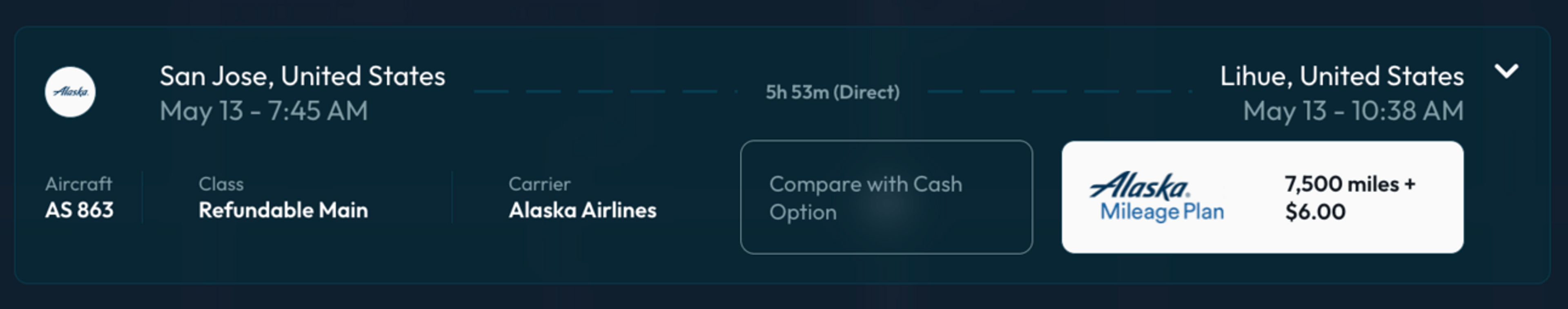 San Jose to Hawaii for 7,500 Alaska miles (DDP)