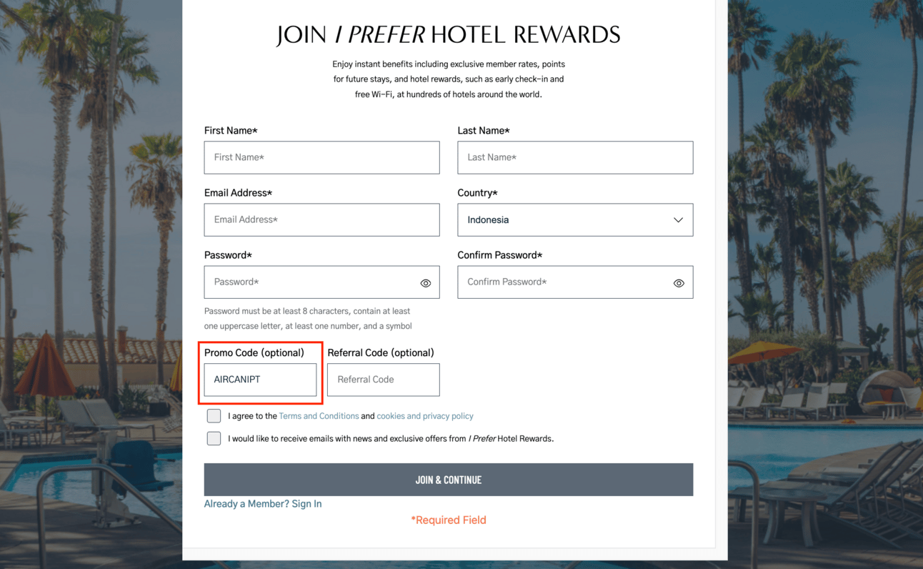 Screenshot of the signup form with promo code