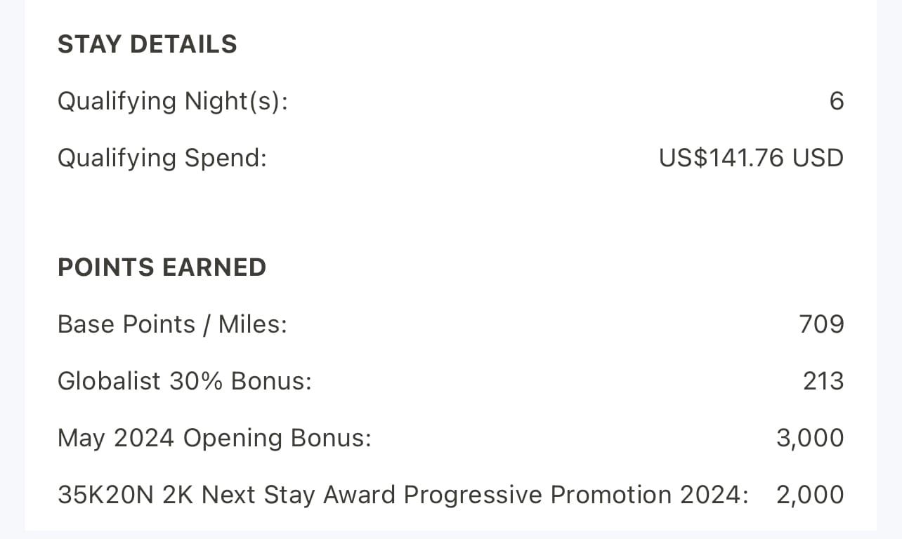 Example of Hyatt stay booking points earned