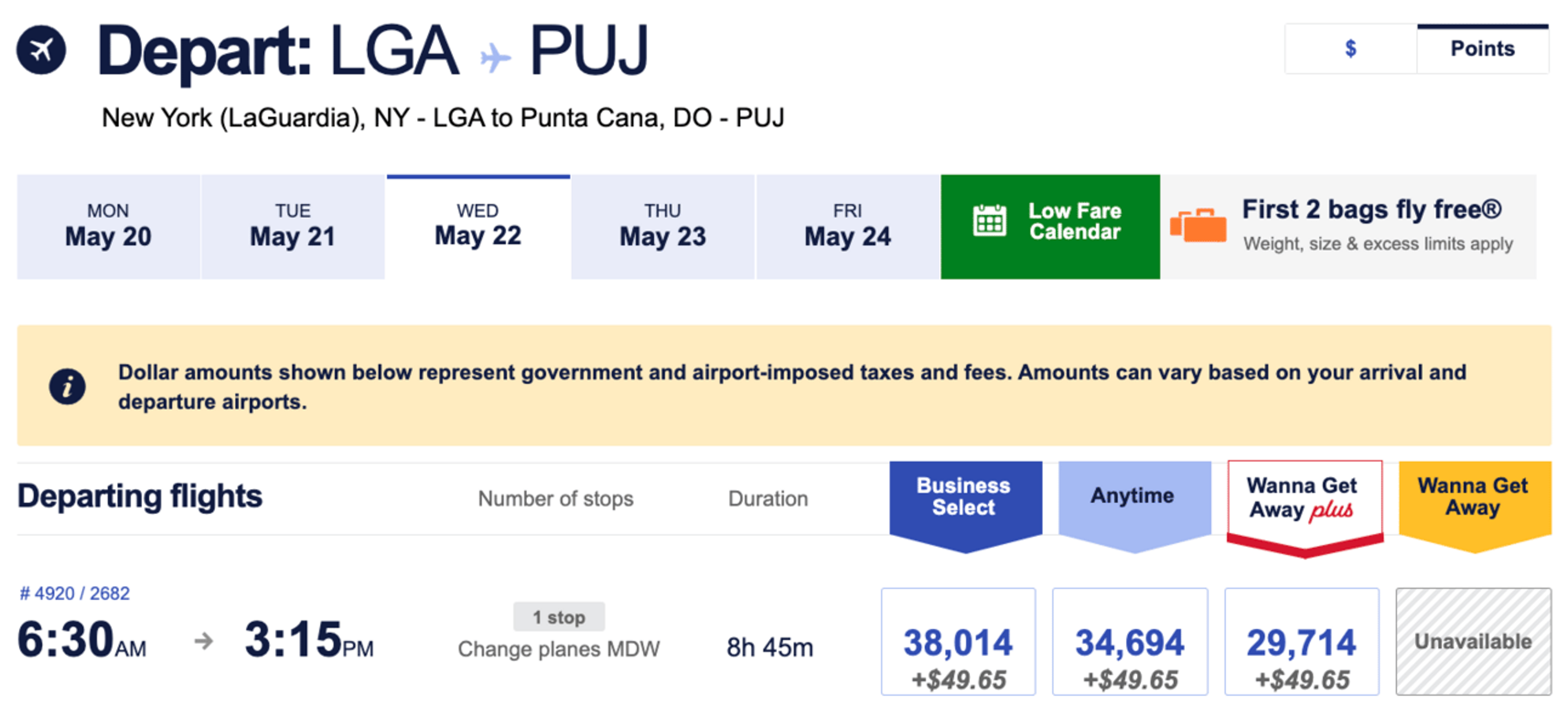An example of a Southwest flight from New York to Punta Cana for 29,714 Southwest points
