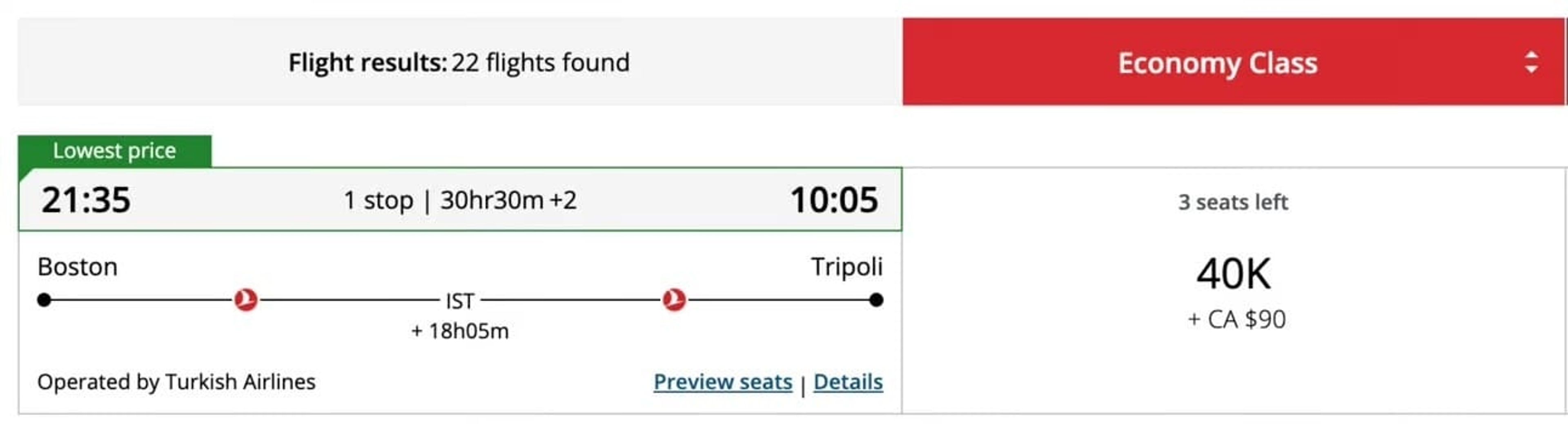 Boston to Tripoli Air Canada