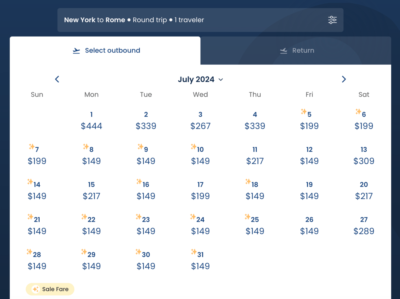 Screenshot showing fares from JFK to Rome for July
