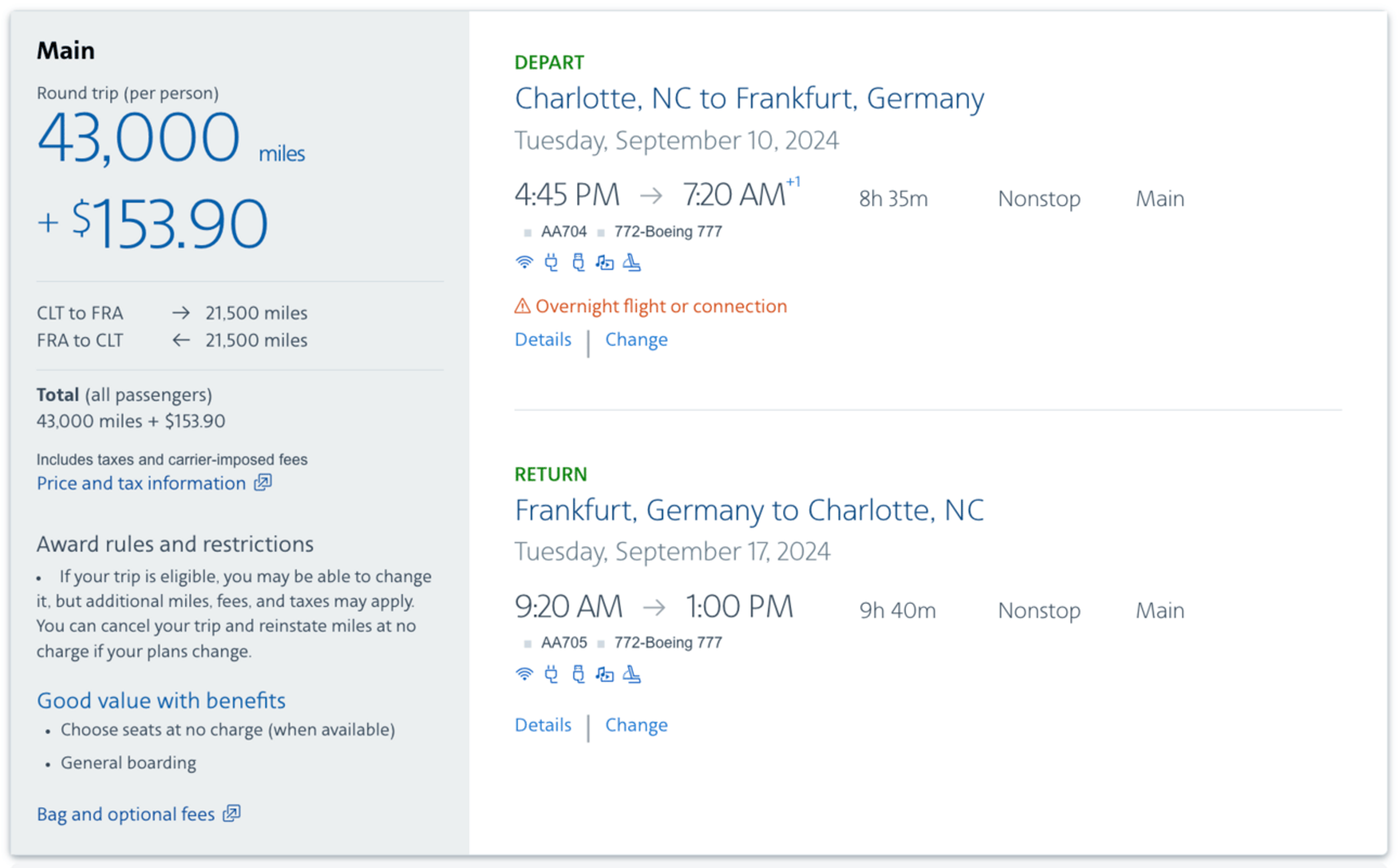Charlotte to Frankfurt for 43,000 AA miles round-trip