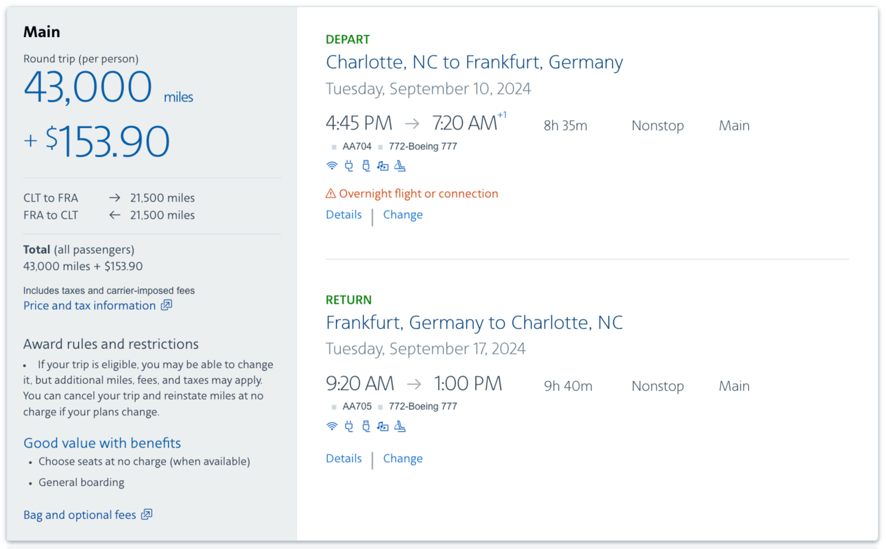 Charlotte to Frankfurt for 43,000 AA miles round-trip