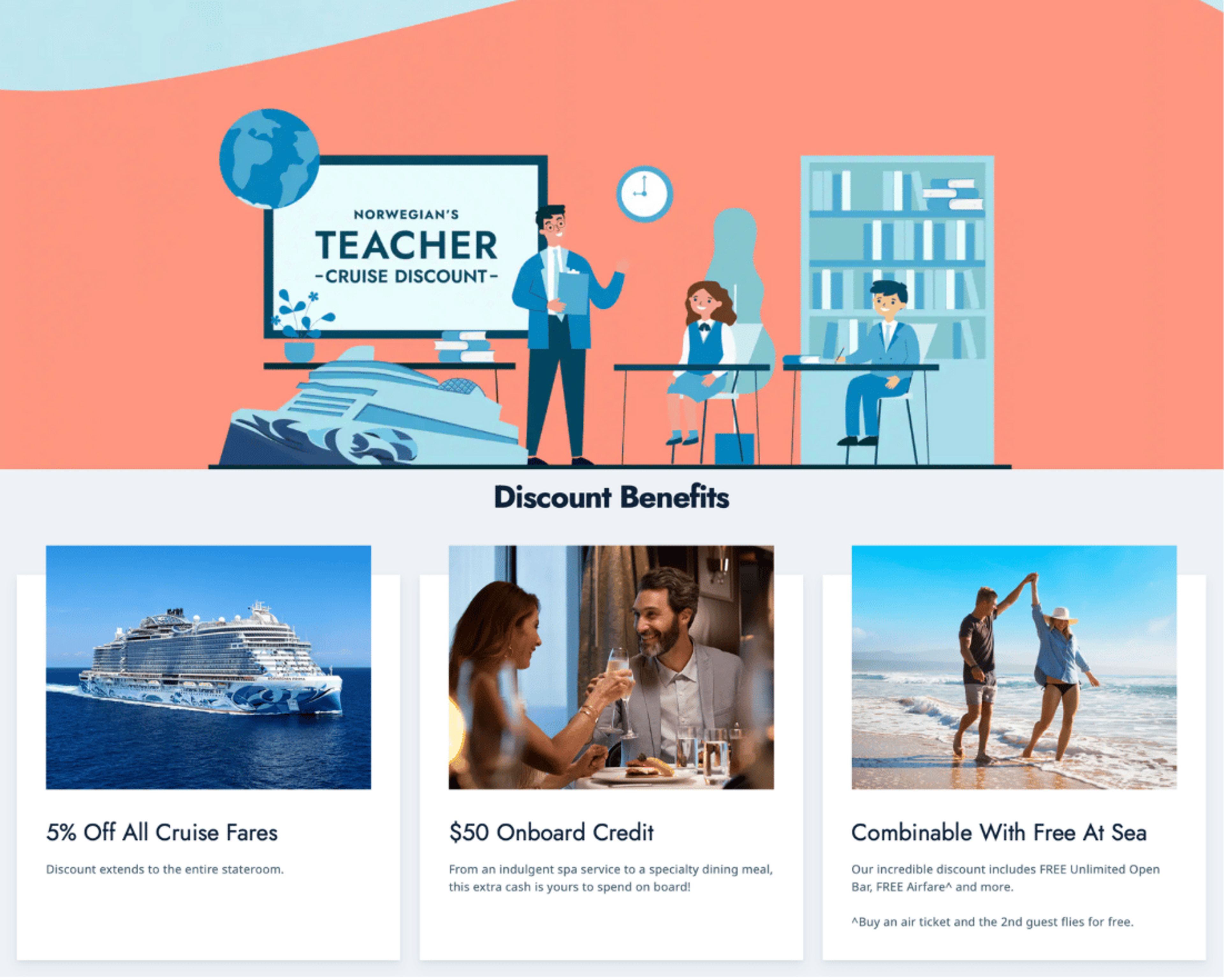 Homepage of Norwegian's Teacher Cruise Disount showing details of the promo
