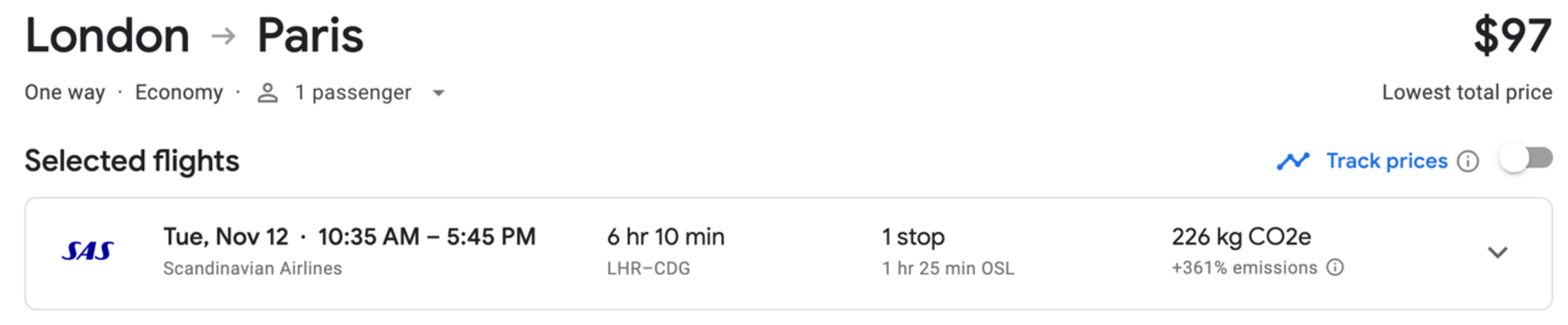 London to Paris for $97 on SAS