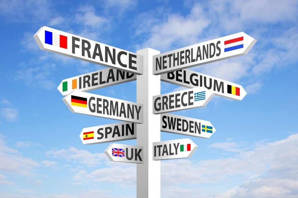 White sign posts with different country names point in different directions
