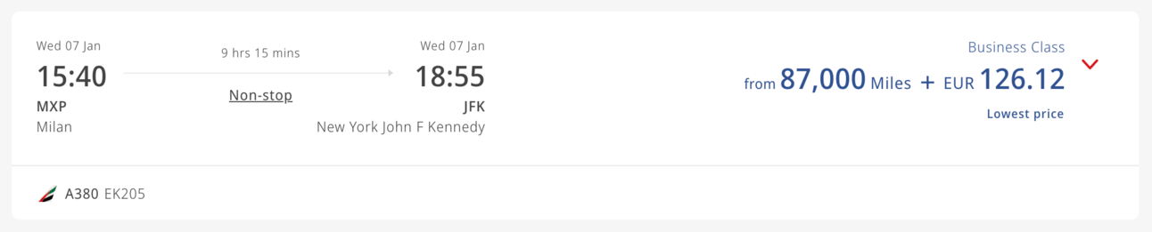MXP to JFK in business class for 87,000 Emirates miles