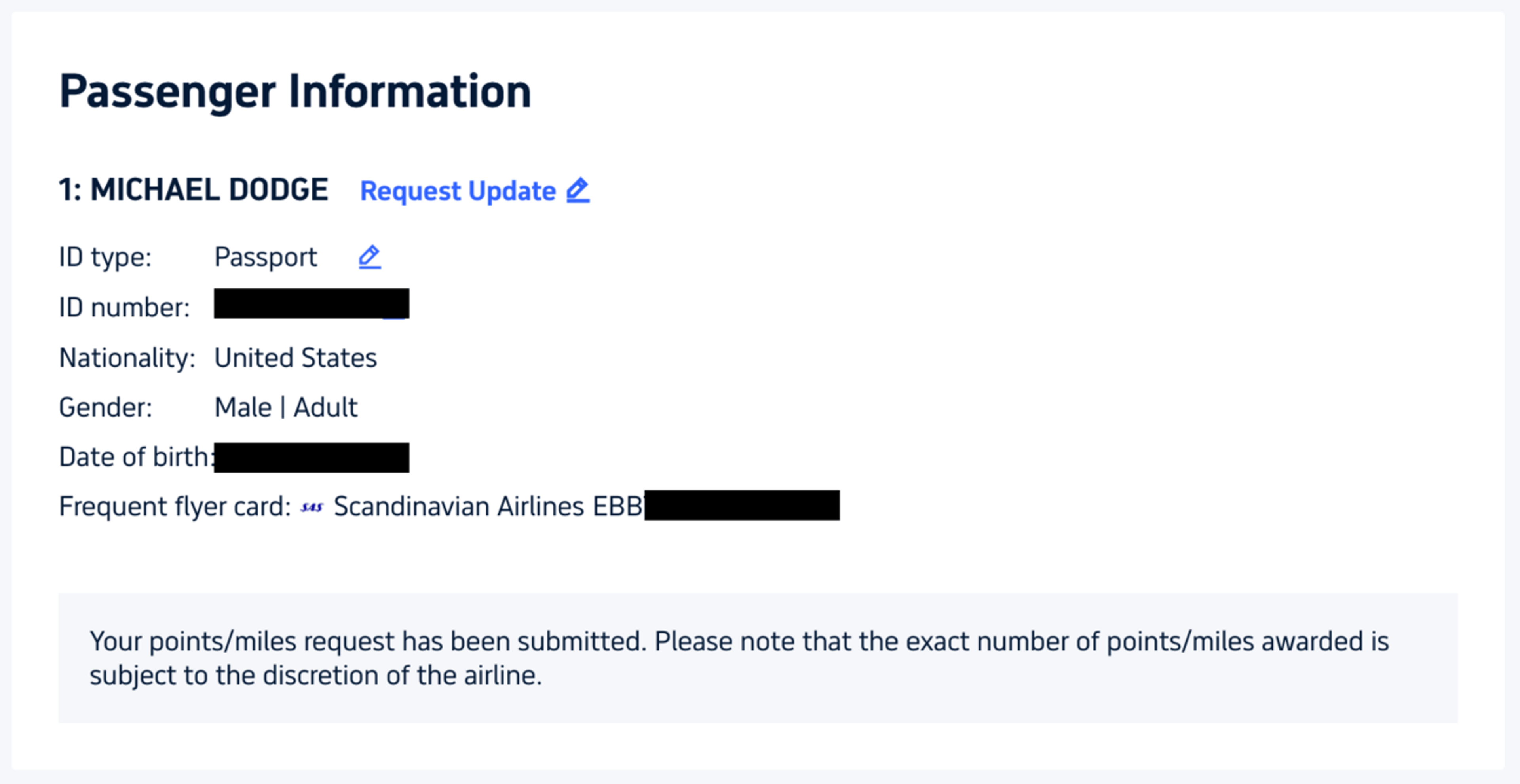 Example of attaching a loyalty program to a flight booked through Trip.com