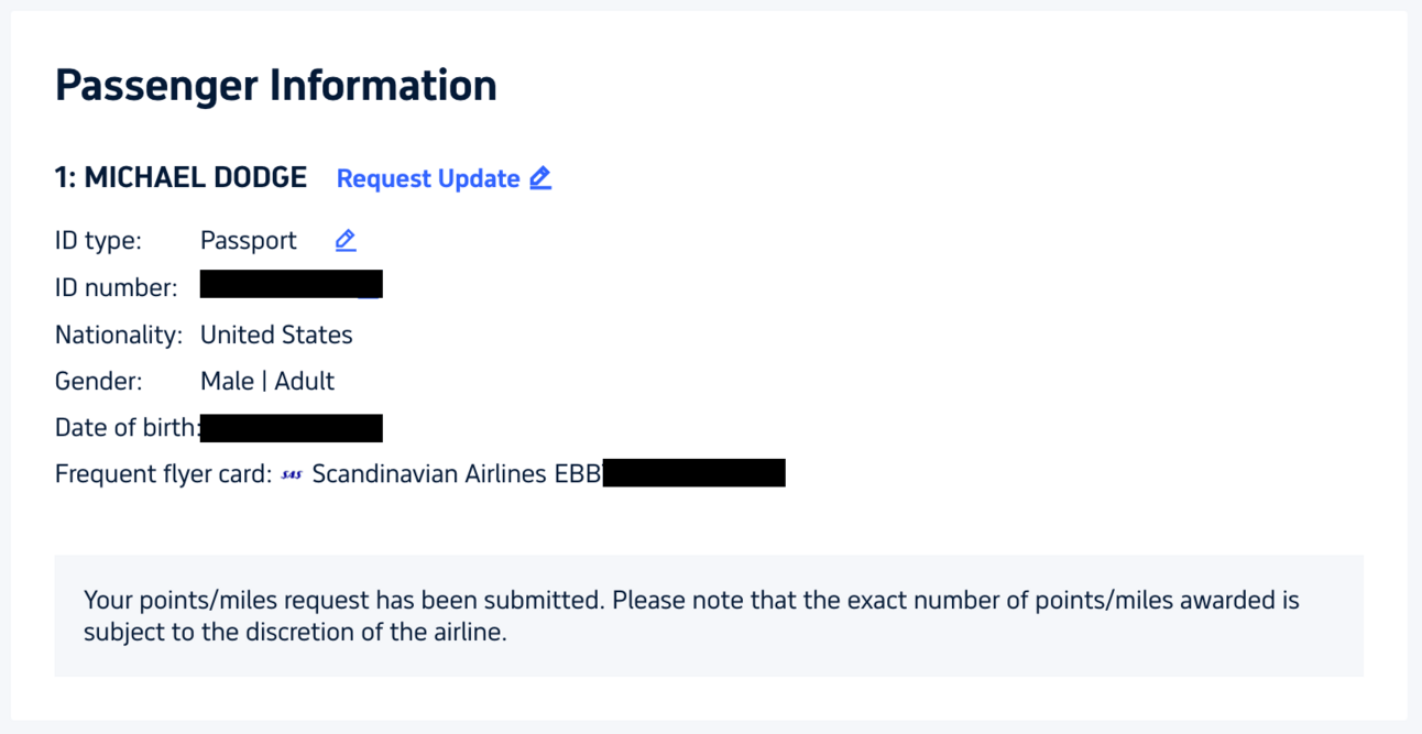 Example of attaching a loyalty program to a flight booked through Trip.com
