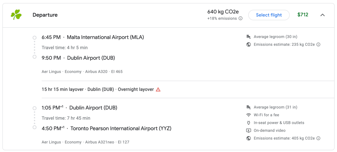 Aer Lingus flight from Malta to Toronto for $712