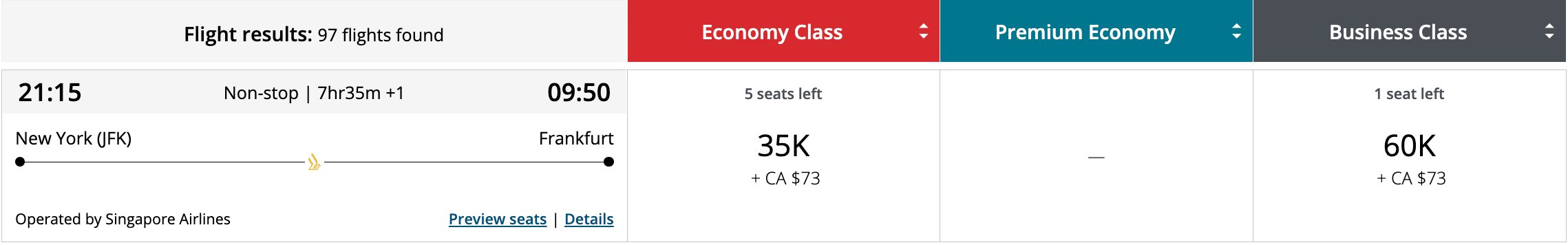 Sample Aeroplan booking
