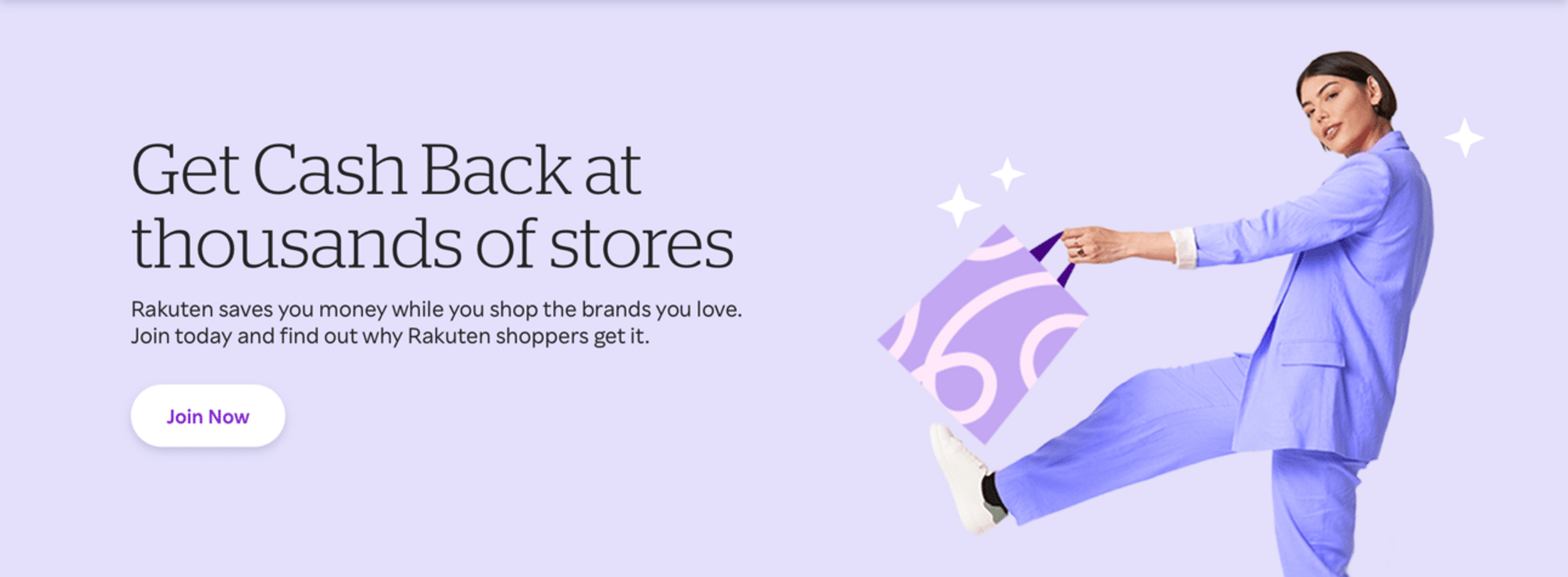 An ad from Rakuten with lavender background and a lady swinging a gift bag