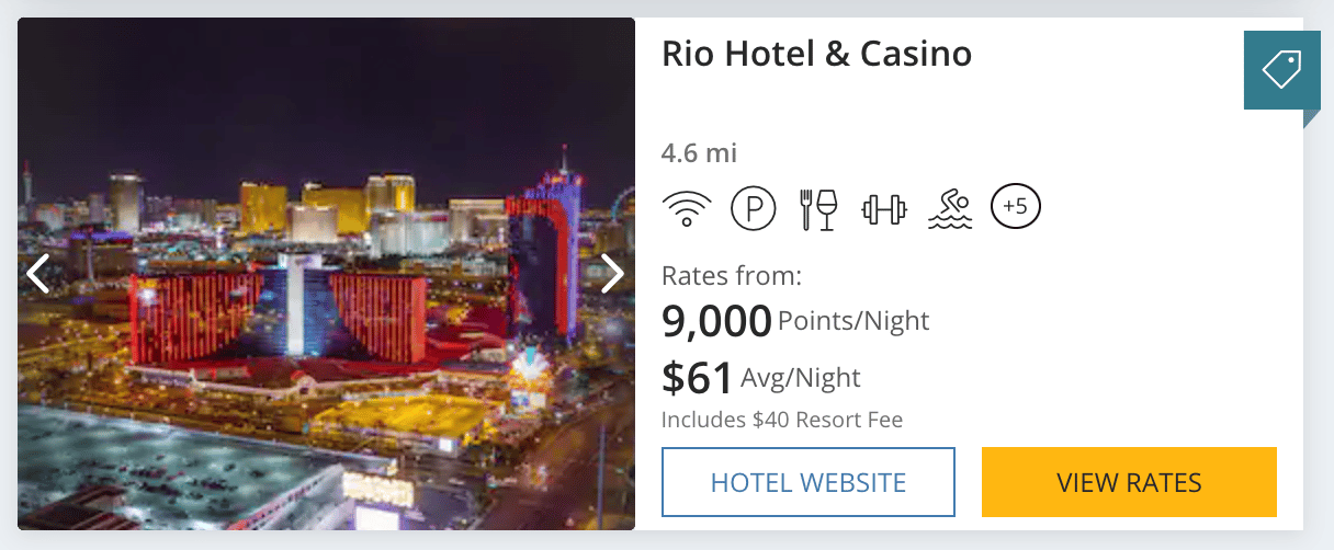 An example of th Rio Hotel costing 9,000 points per night