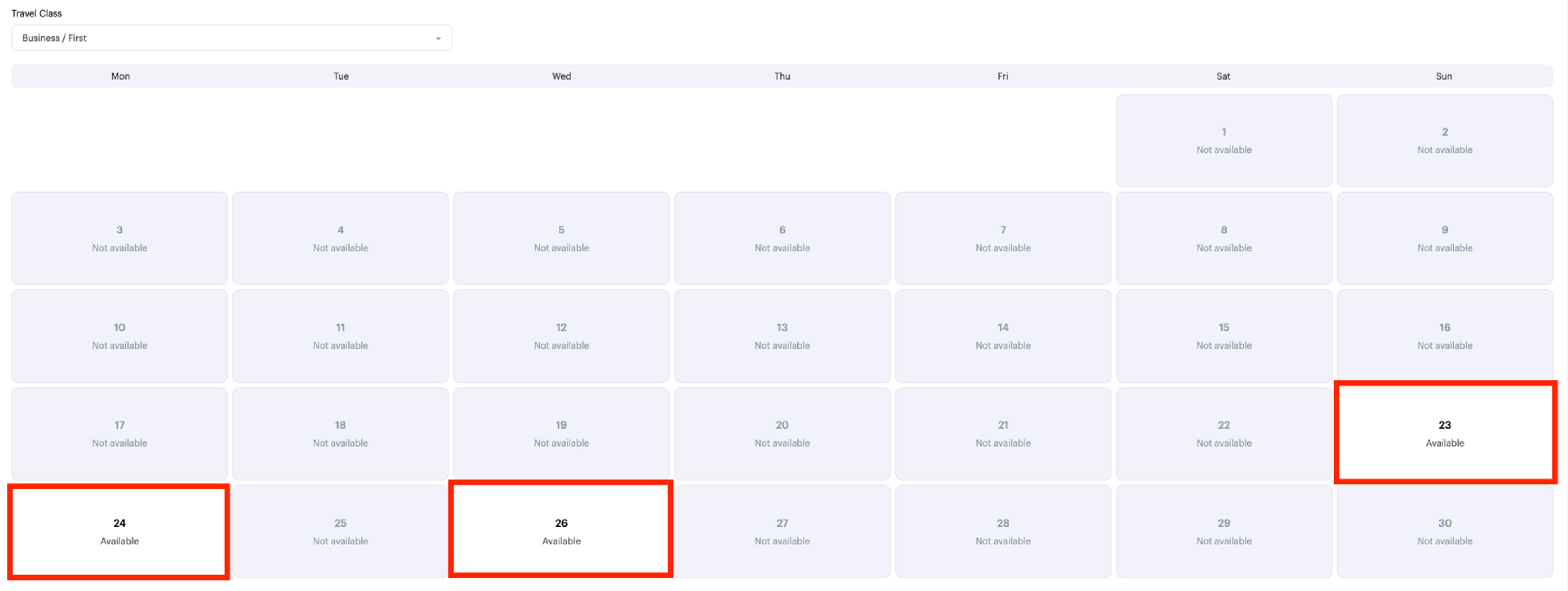 Qatar business-class award calendar view