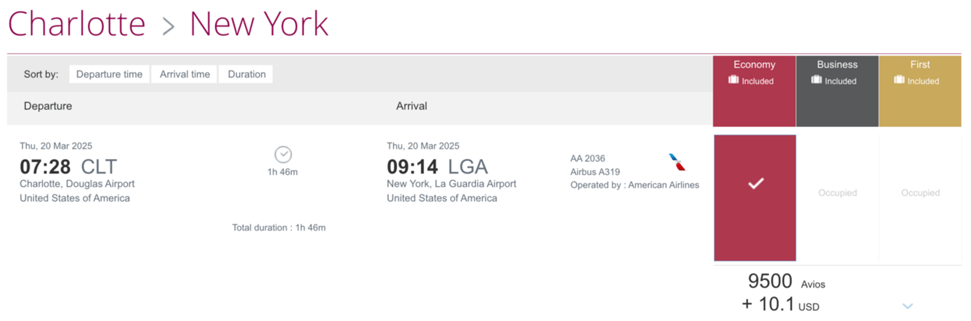 Charlotte to New York on AA for 9,500 Avios in economy