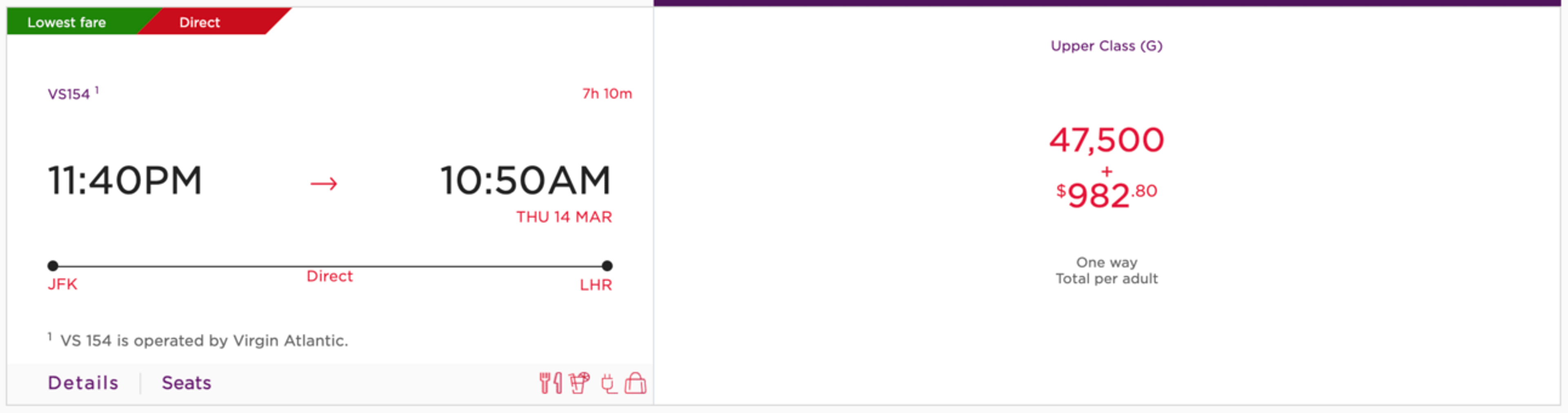 A sample flight from New York to London for 47,500 i Virgin Upper Class