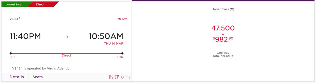 A sample flight from New York to London for 47,500 i Virgin Upper Class
